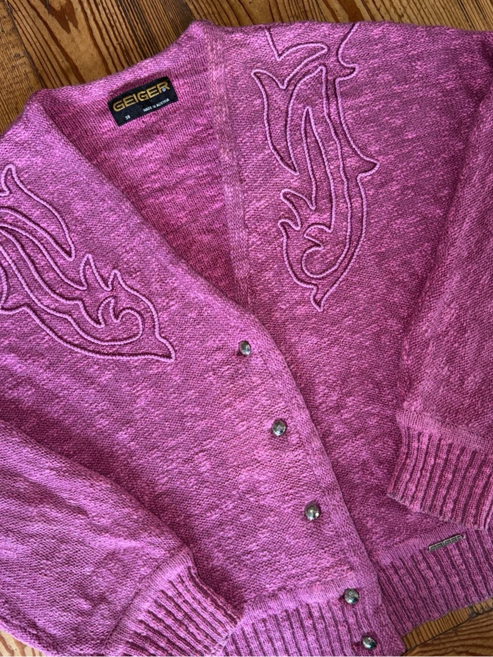 GEIGER Marled Pink Women's Embroidered Cargigan Crop Vintage Sweater-US 8 UK38